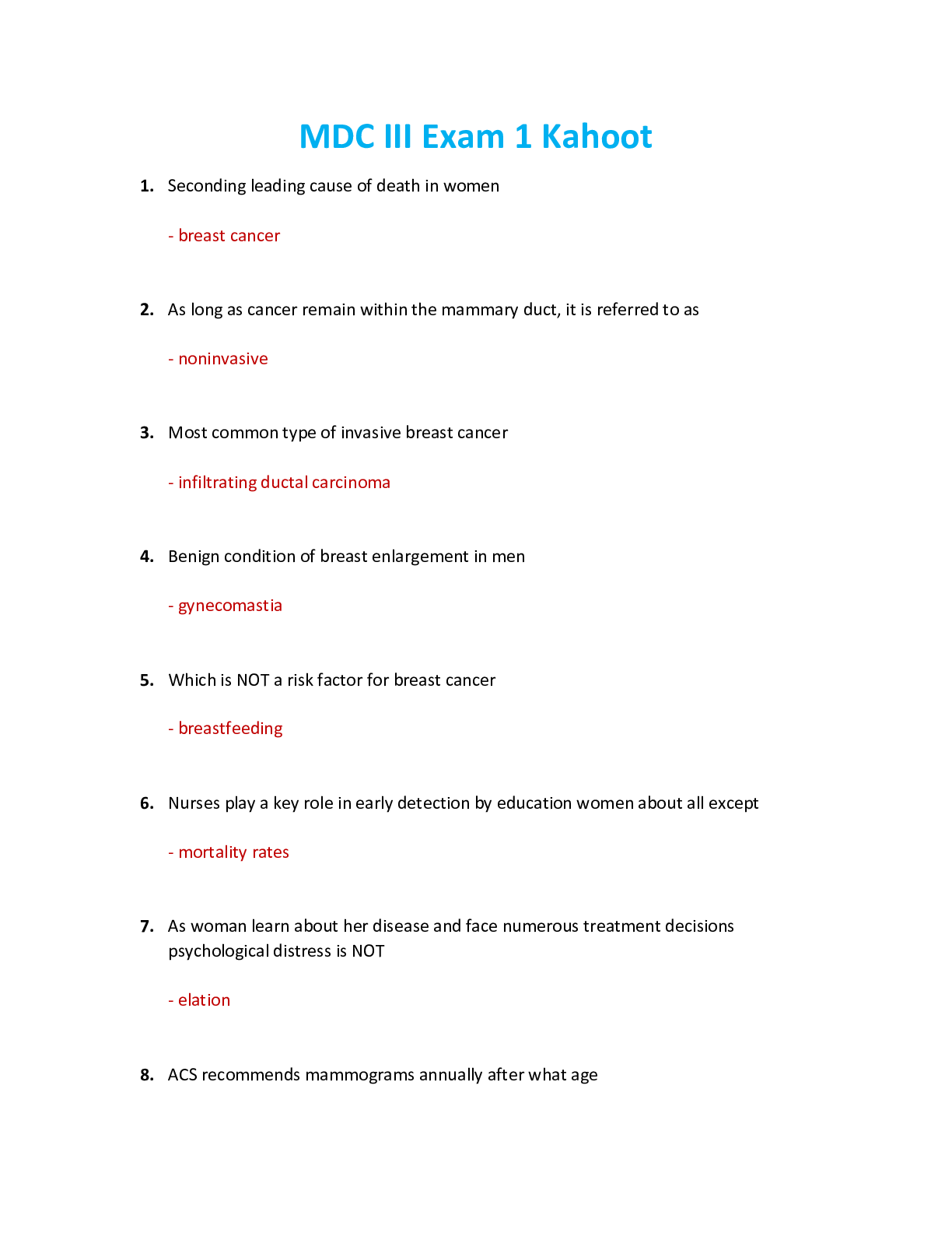 Preview image for NUR 2502 / NUR2502 Exam 1 Review: Multidimensional Care III / MDC 3 Exam 1 Review Kahoot (Latest 2021/2022) Rasmussen